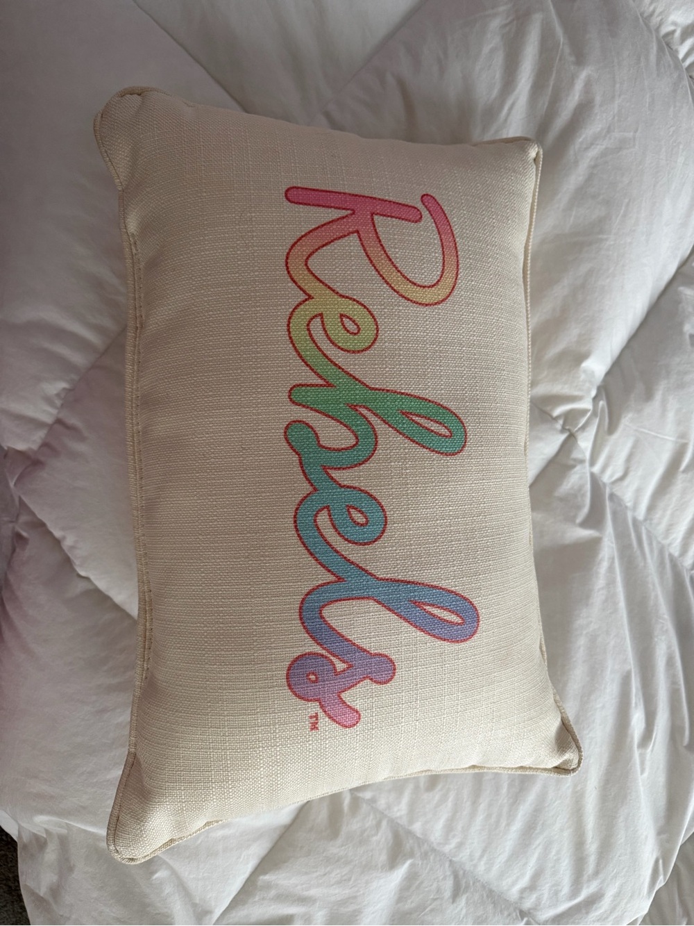 Roxy Cream Pillow with Rainbow Script Logo